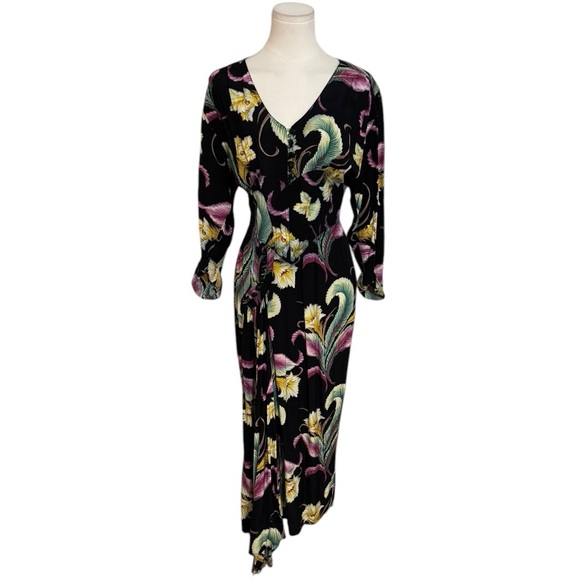 KAREN ALEXANDER Vintage 80’s‎ Black Brocade Tropical Dress Size 6 Floral Party - Picture 1 of 14